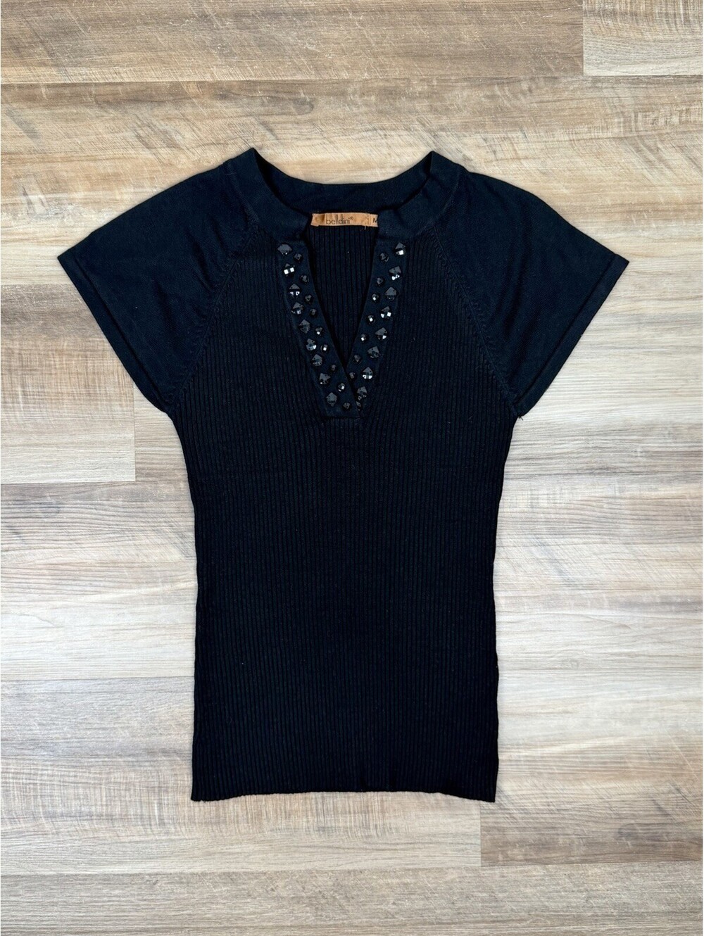 Y2K Belldini Black Ribbed Knit Short Sleeve Shirt Beaded V-Neck Fitted Medium